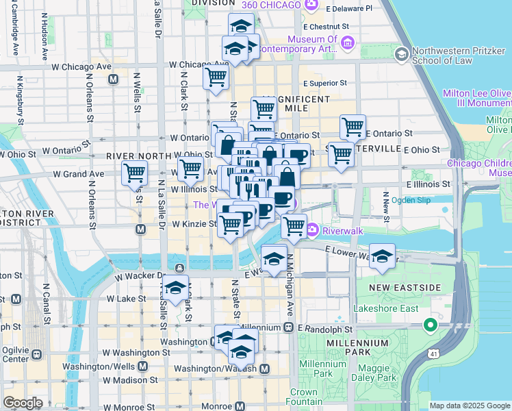 map of restaurants, bars, coffee shops, grocery stores, and more near E Hubbard St & Lower Wabash Ave in Chicago