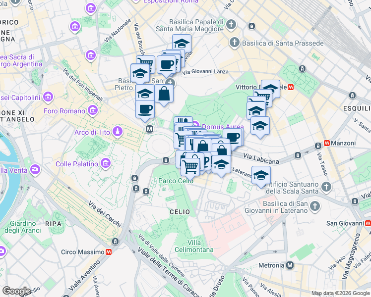 map of restaurants, bars, coffee shops, grocery stores, and more near 8 Via di San Giovanni in Laterano in Rome