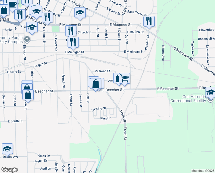 map of restaurants, bars, coffee shops, grocery stores, and more near 1105 East Beecher Street in Adrian