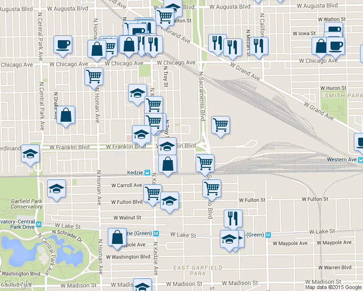 map of restaurants, bars, coffee shops, grocery stores, and more near North Albany Avenue & West Franklin Boulevard in Chicago