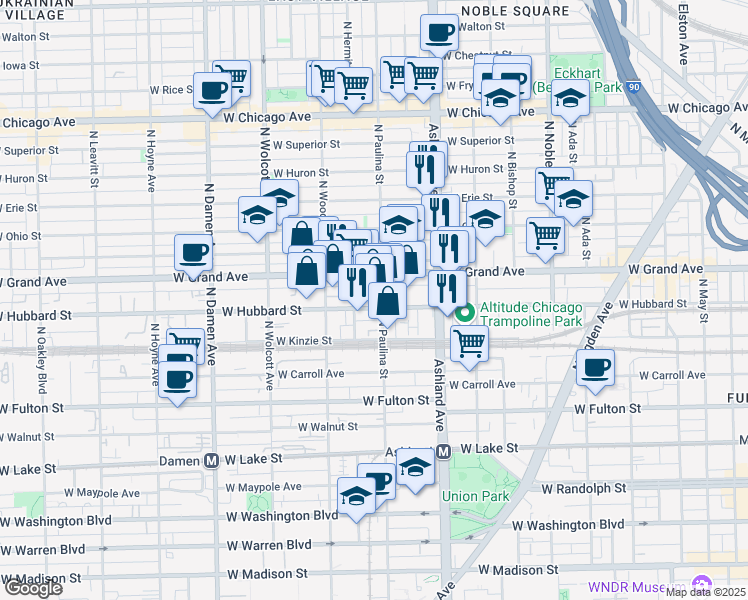 map of restaurants, bars, coffee shops, grocery stores, and more near 455 North Hermitage Avenue in Chicago