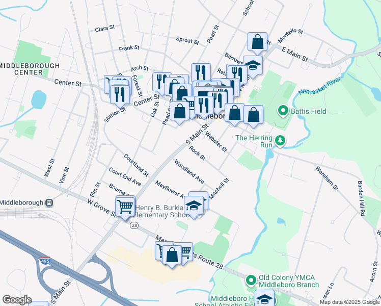 map of restaurants, bars, coffee shops, grocery stores, and more near 50 South Main Street in Middleborough