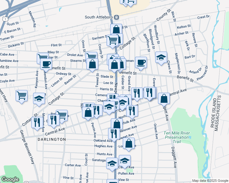 map of restaurants, bars, coffee shops, grocery stores, and more near 174 Harris Street in Pawtucket