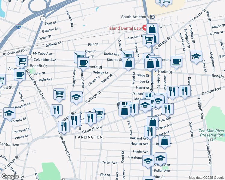 map of restaurants, bars, coffee shops, grocery stores, and more near 29 Harris Street in Pawtucket