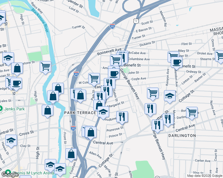 map of restaurants, bars, coffee shops, grocery stores, and more near 645 Broadway in Pawtucket