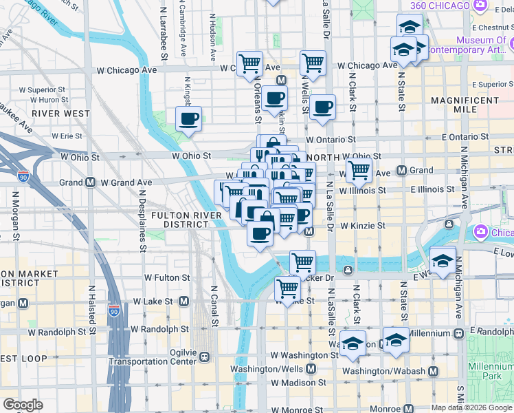 map of restaurants, bars, coffee shops, grocery stores, and more near 440 North Orleans Street in Chicago