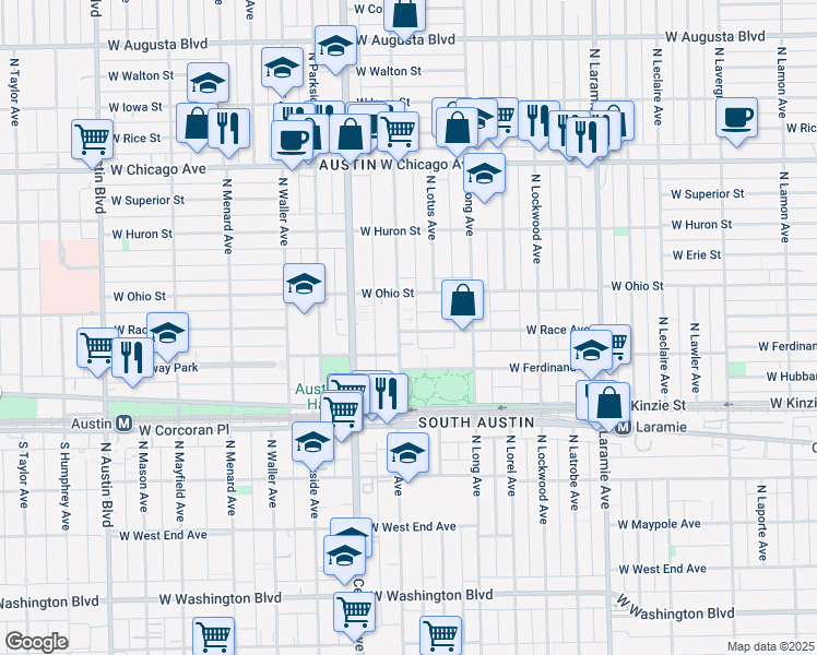 map of restaurants, bars, coffee shops, grocery stores, and more near 557 North Pine Avenue in Chicago