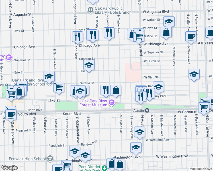 map of restaurants, bars, coffee shops, grocery stores, and more near 205 North Lombard Avenue in Oak Park