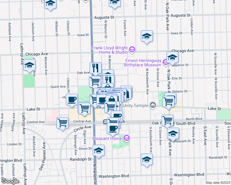 map of restaurants, bars, coffee shops, grocery stores, and more near 198 North Marion Street in Oak Park