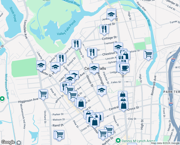 map of restaurants, bars, coffee shops, grocery stores, and more near in Central Falls
