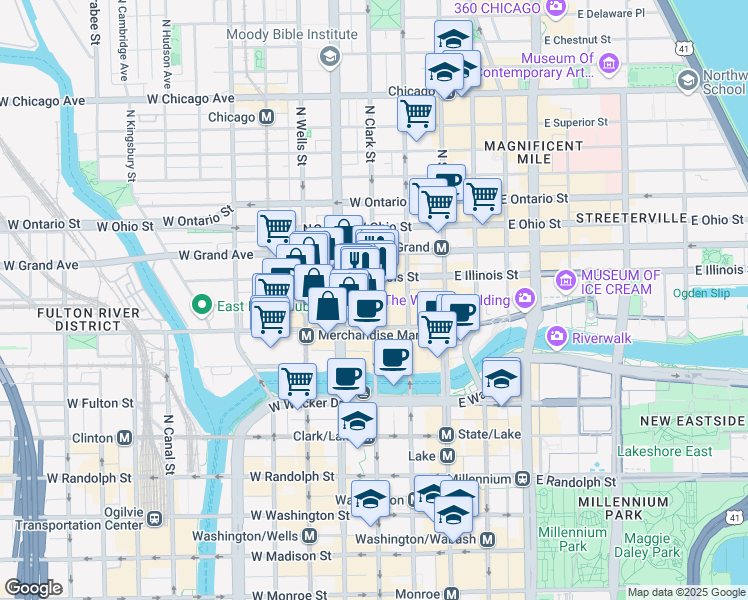 map of restaurants, bars, coffee shops, grocery stores, and more near 449 North Clark Street in Chicago