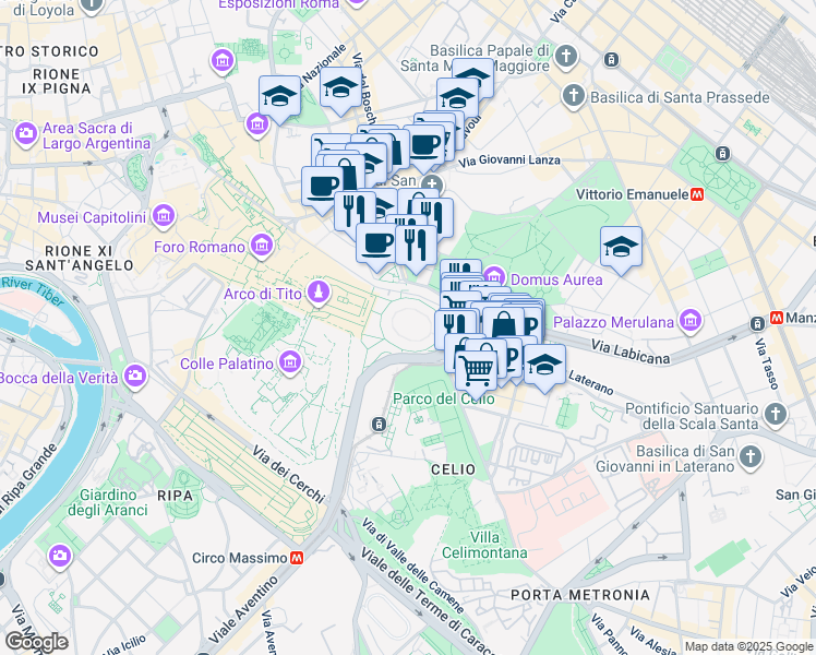 map of restaurants, bars, coffee shops, grocery stores, and more near 58 Piazza del Colosseo in Rome