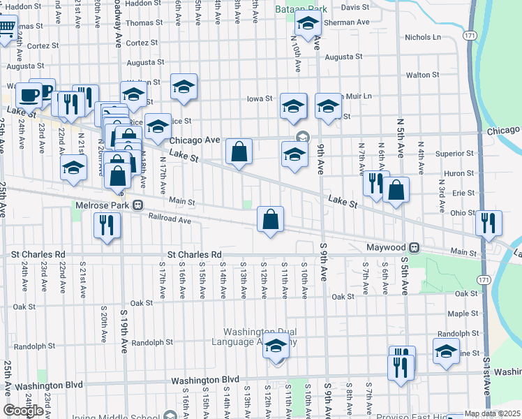 map of restaurants, bars, coffee shops, grocery stores, and more near 1201 Main Street in Melrose Park