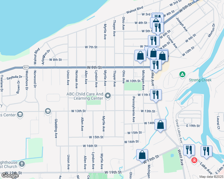 map of restaurants, bars, coffee shops, grocery stores, and more near 1021 Thayer Avenue in Ashtabula