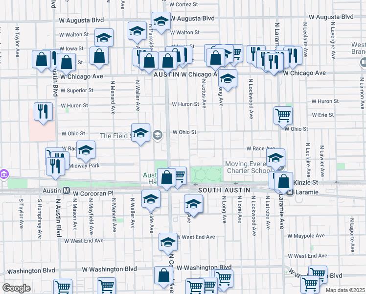 map of restaurants, bars, coffee shops, grocery stores, and more near 542 North Pine Avenue in Chicago