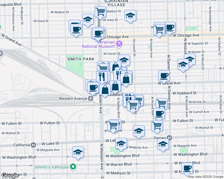 map of restaurants, bars, coffee shops, grocery stores, and more near 451 North Claremont Avenue in Chicago