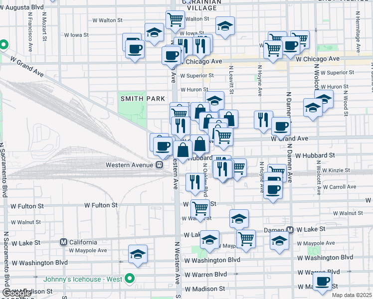 map of restaurants, bars, coffee shops, grocery stores, and more near 2331 West Grand Avenue in Chicago