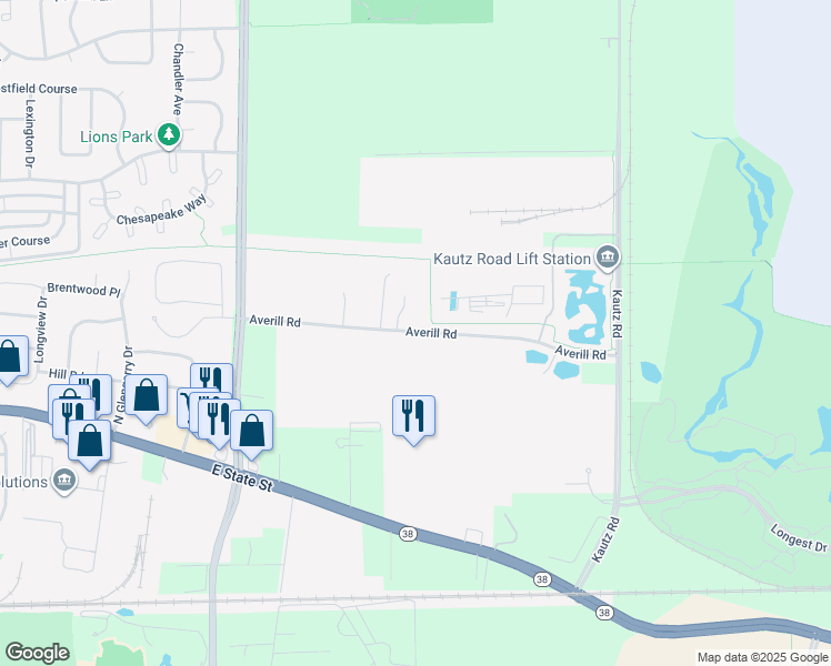 map of restaurants, bars, coffee shops, grocery stores, and more near 1900 Averill Road in Geneva
