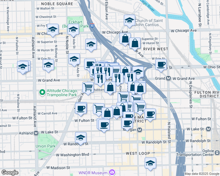 map of restaurants, bars, coffee shops, grocery stores, and more near in Chicago