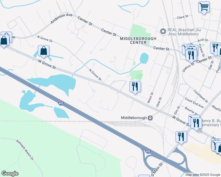 map of restaurants, bars, coffee shops, grocery stores, and more near 150 West Grove Street in Middleborough