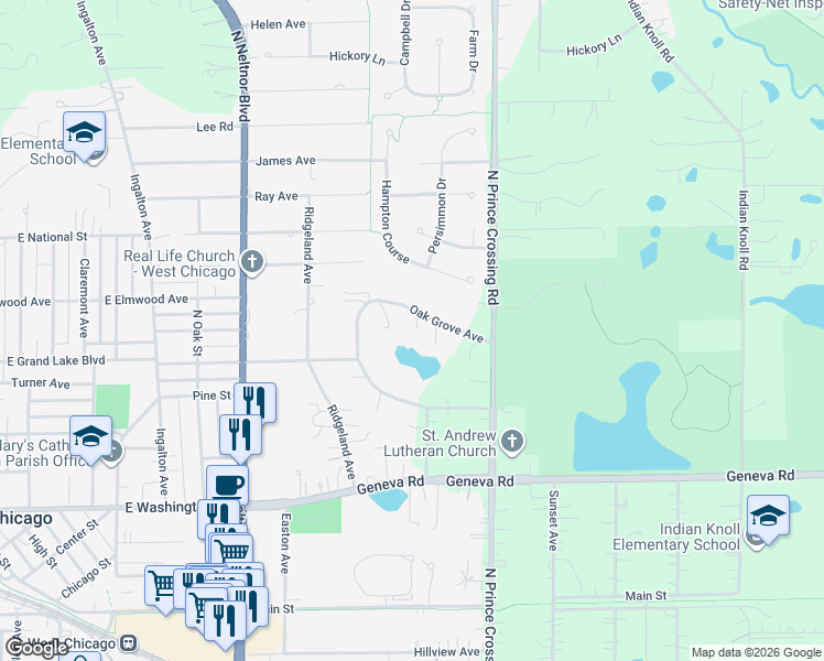 map of restaurants, bars, coffee shops, grocery stores, and more near 29W141 Oak Grove Avenue in West Chicago