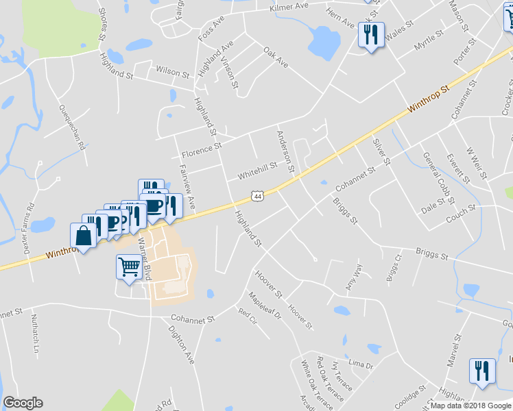 map of restaurants, bars, coffee shops, grocery stores, and more near 236 Winthrop Street in Taunton
