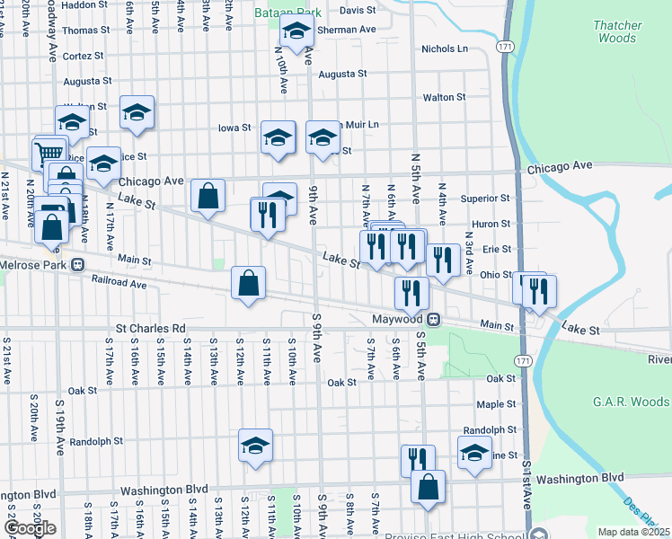 map of restaurants, bars, coffee shops, grocery stores, and more near in Maywood
