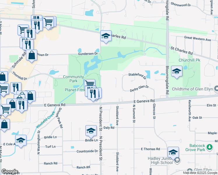 map of restaurants, bars, coffee shops, grocery stores, and more near 486 Timber Ridge Drive in Carol Stream