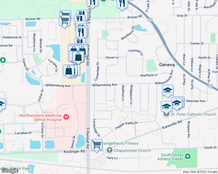 map of restaurants, bars, coffee shops, grocery stores, and more near 212 Wakefield Lane in Geneva