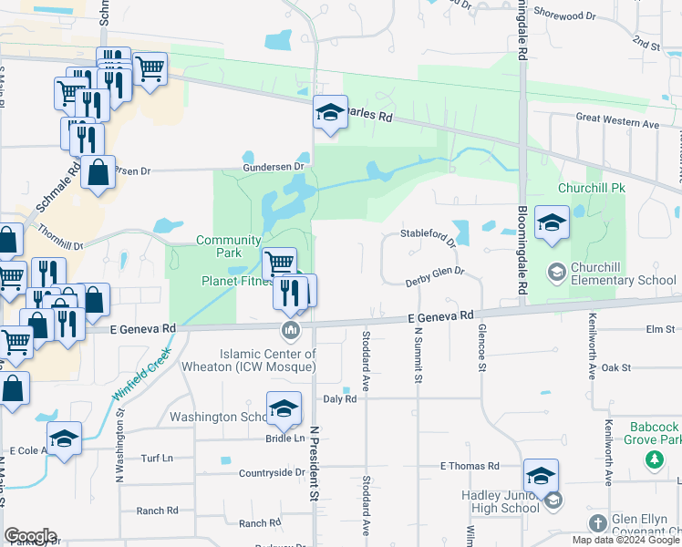 map of restaurants, bars, coffee shops, grocery stores, and more near 516 Timber Ridge Drive in Carol Stream