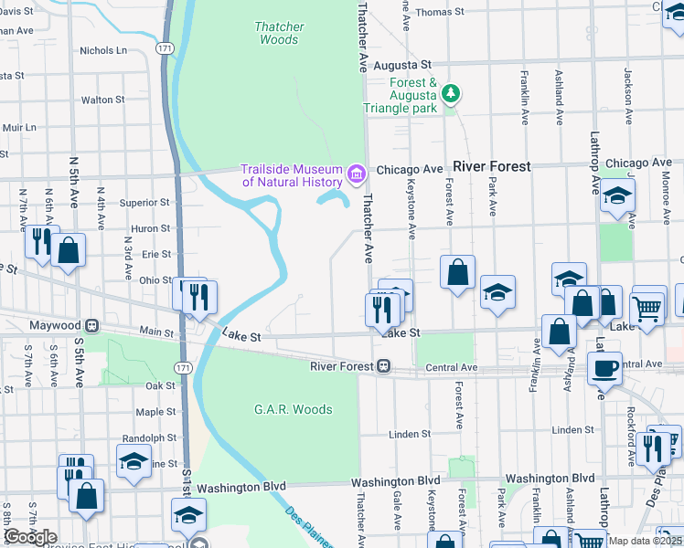 map of restaurants, bars, coffee shops, grocery stores, and more near 559 Edgewood Place in River Forest