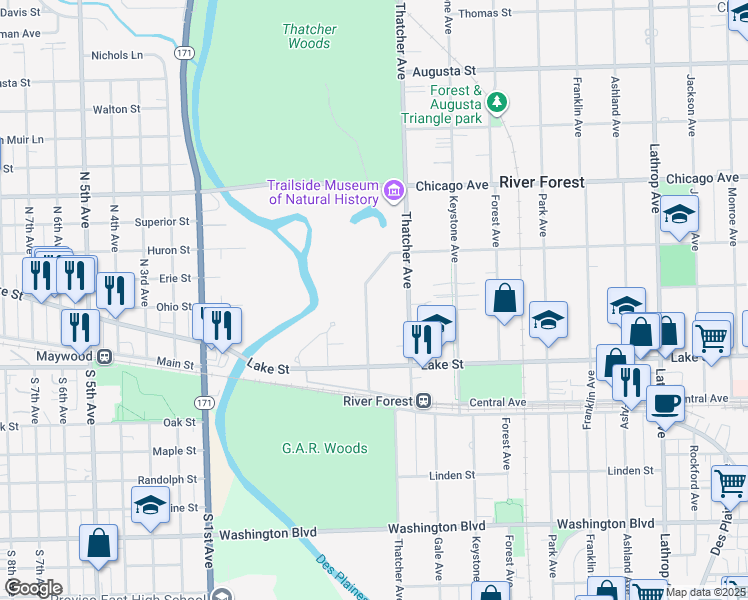 map of restaurants, bars, coffee shops, grocery stores, and more near 559 Edgewood Place in River Forest