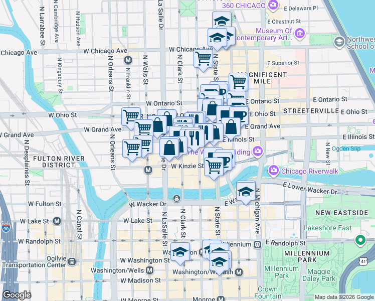 map of restaurants, bars, coffee shops, grocery stores, and more near 55 West Illinois Street in Chicago