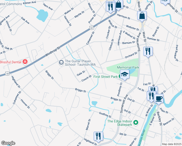 map of restaurants, bars, coffee shops, grocery stores, and more near 7 Couch Street in Taunton