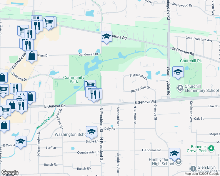 map of restaurants, bars, coffee shops, grocery stores, and more near 516 Timber Ridge Drive in Carol Stream