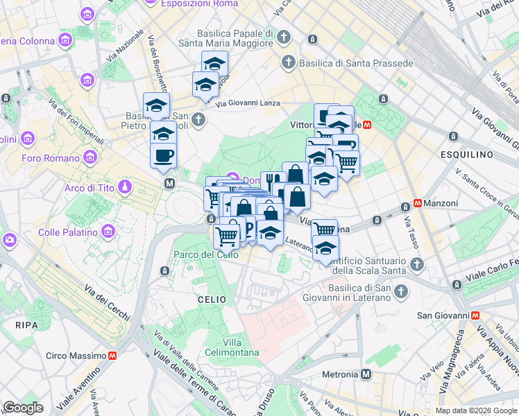 map of restaurants, bars, coffee shops, grocery stores, and more near 33 Via Labicana in Rome