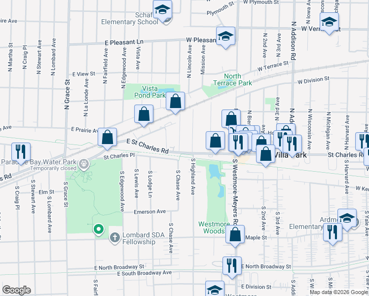 map of restaurants, bars, coffee shops, grocery stores, and more near 20 North Highland Avenue in Lombard