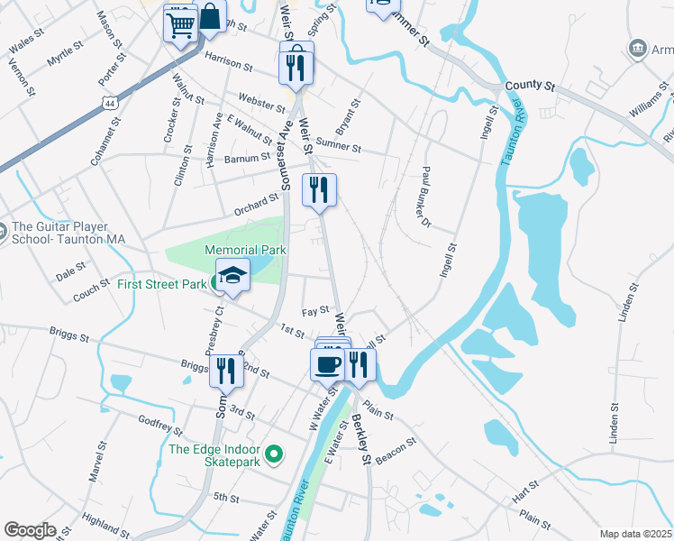 map of restaurants, bars, coffee shops, grocery stores, and more near 426 Weir Street in Taunton