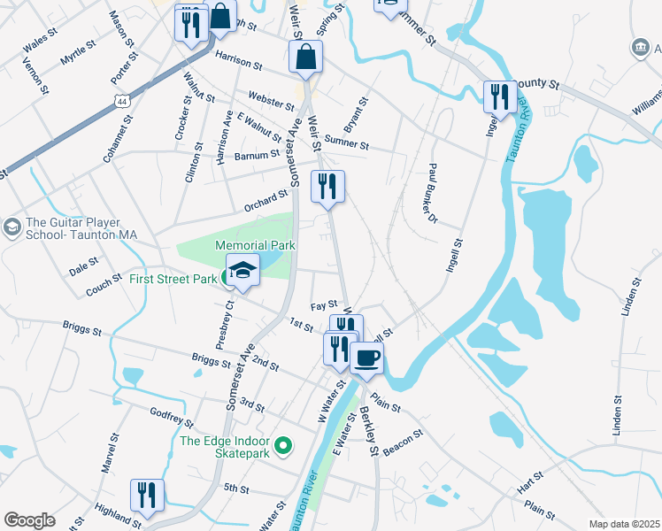 map of restaurants, bars, coffee shops, grocery stores, and more near 15 Forest Street in Taunton
