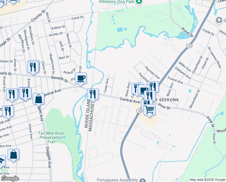map of restaurants, bars, coffee shops, grocery stores, and more near 24 Perrin Avenue in Seekonk