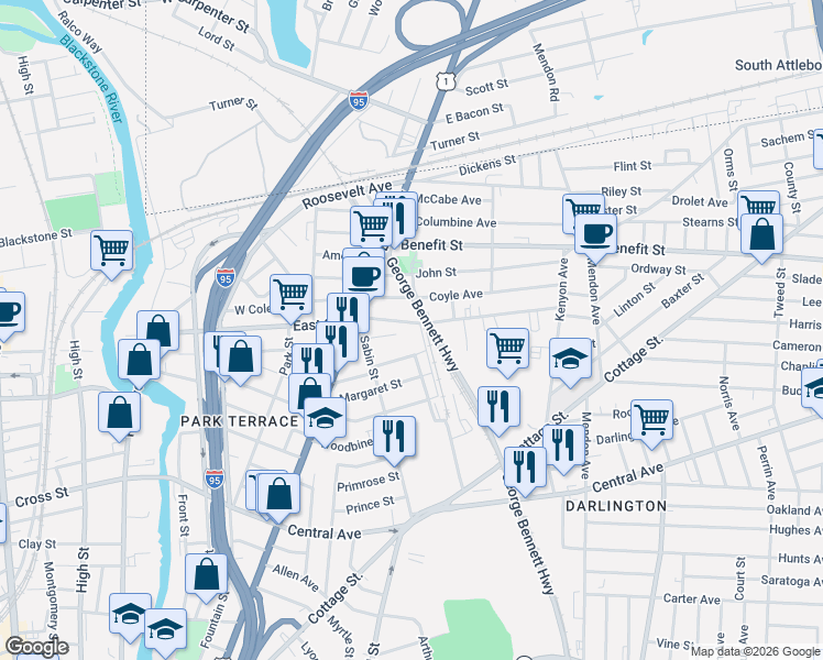 map of restaurants, bars, coffee shops, grocery stores, and more near 38 Webster Street in Pawtucket