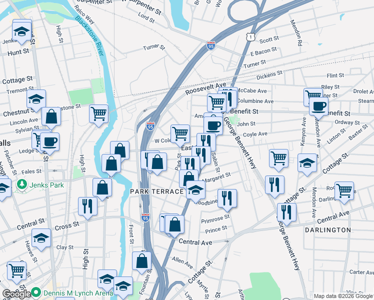 map of restaurants, bars, coffee shops, grocery stores, and more near 222 East Street in Pawtucket