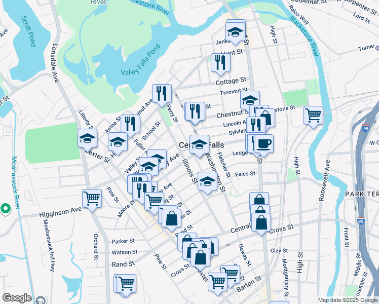 map of restaurants, bars, coffee shops, grocery stores, and more near 281 Illinois Street in Central Falls