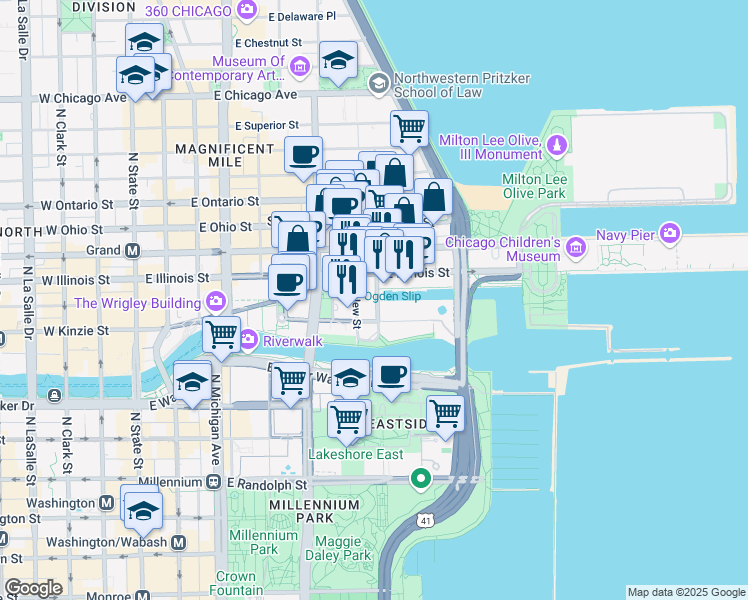 map of restaurants, bars, coffee shops, grocery stores, and more near 440 North McClurg Court in Chicago