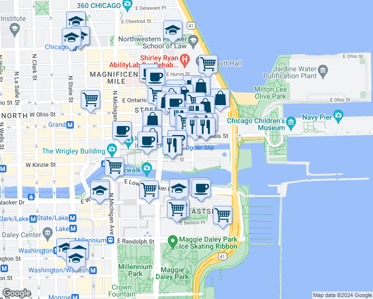 map of restaurants, bars, coffee shops, grocery stores, and more near 440 North McClurg Court in Chicago