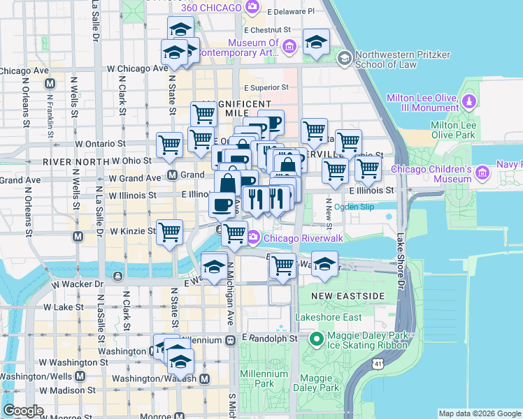 map of restaurants, bars, coffee shops, grocery stores, and more near 450 Cityfront Plaza Drive in Chicago