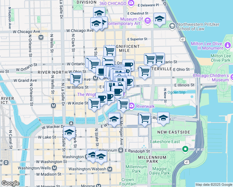 map of restaurants, bars, coffee shops, grocery stores, and more near 55 East Grand Avenue in Chicago