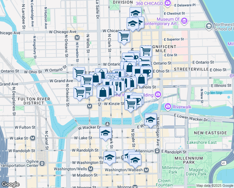 map of restaurants, bars, coffee shops, grocery stores, and more near 55 West Illinois Street in Chicago