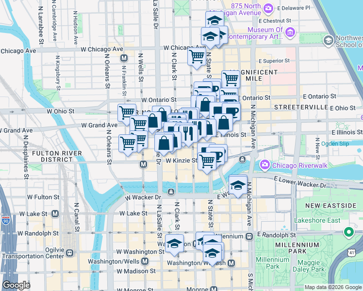 map of restaurants, bars, coffee shops, grocery stores, and more near 55 West Illinois Street in Chicago