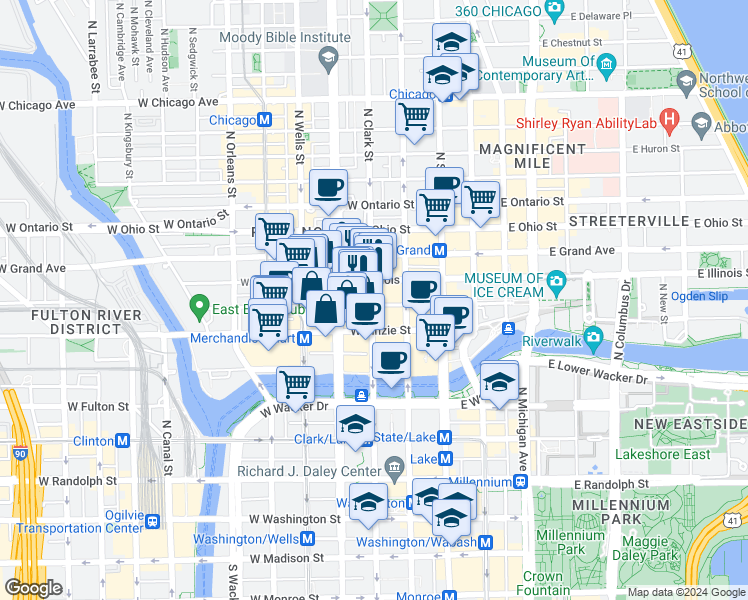 map of restaurants, bars, coffee shops, grocery stores, and more near 111 West Illinois Street in Chicago